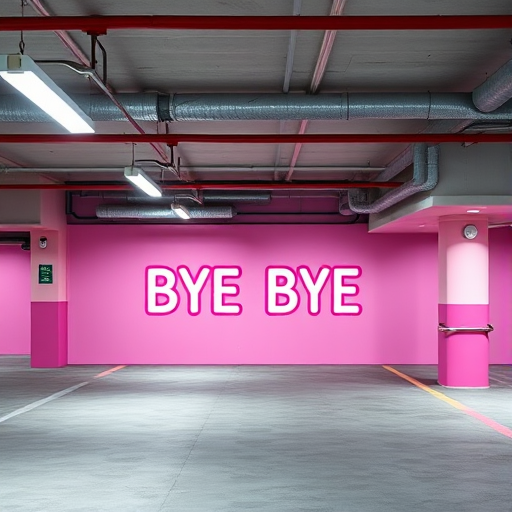 interior of a modern parking garage with a colorful pink wall mural saying "BYE BYE," soft diffused lighting, camera settings: ISO 200, f/5.6, 1/60s, wide-angle lens, shot from a low angle to capture depth, DSLR camera, high-resolution image quality.