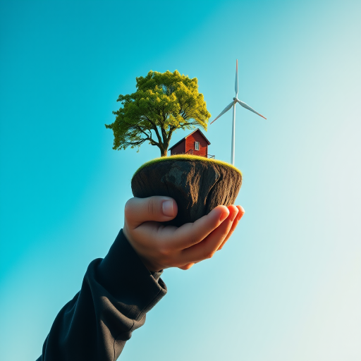 Create a surreal image of a person holding an island with a house, tree, and wind turbine in a bright blue sky, using a Canon EOS R5 with an aperture of f/8, ISO 100, 50mm lens, wide-angle view, in high dynamic range style.
