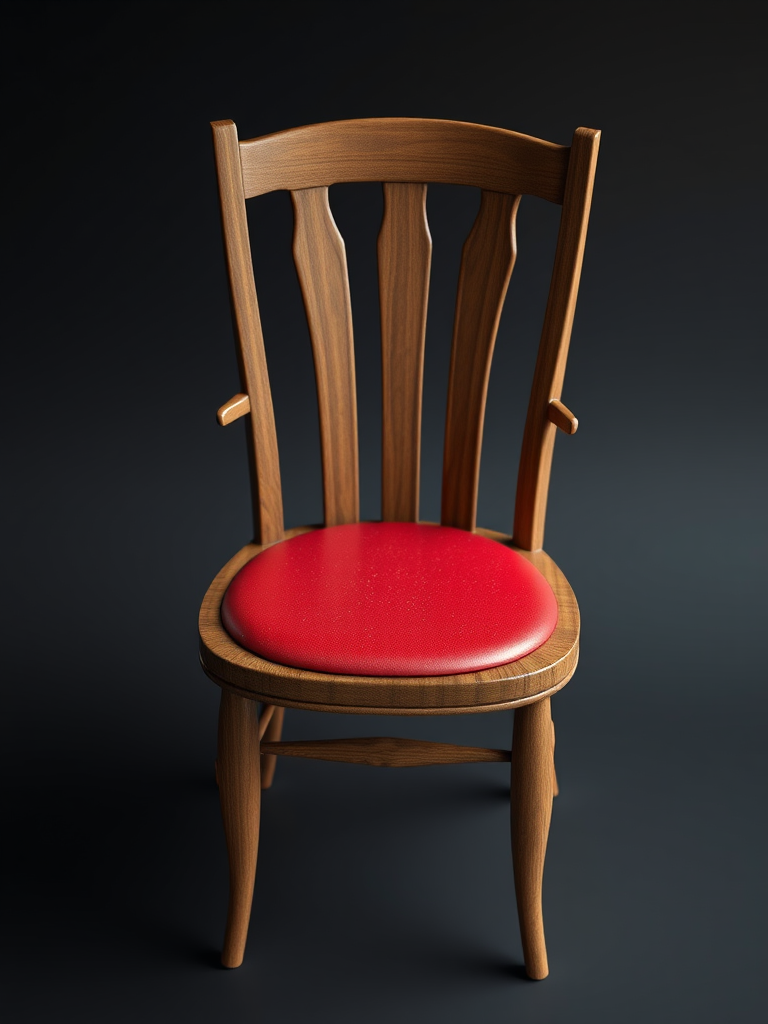 Create a realistic 3D rendering of a wooden chair with a red seat, using a DSLR camera with a 50mm lens, aperture f/2.8, ISO 100, and a shallow depth of field, positioned at eye level with a focus on texture and detail.