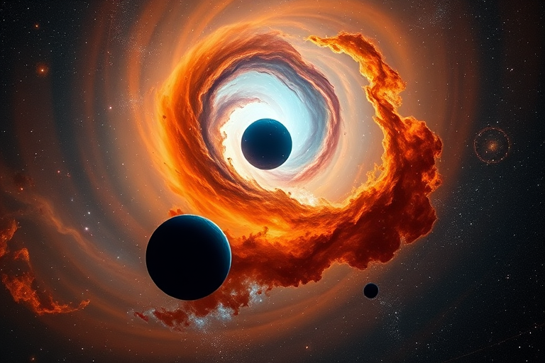 regenerate a cosmic scene featuring a swirling nebula with vibrant oranges and blues, a central dark planet, and bright star clusters, captured with a DSLR camera at f/2.8, ISO 800, 30 seconds exposure, in a wide-angle view, emphasizing depth and color saturation.