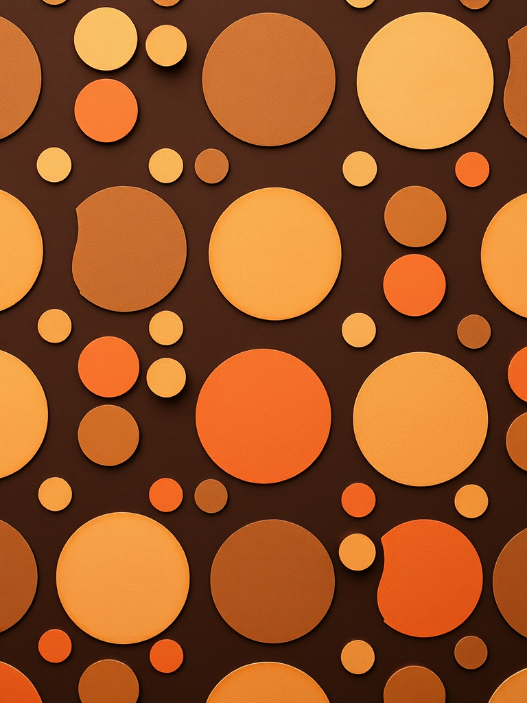 Create a seamless pattern of large, simple circles in rows with a warm earthy color palette on a dark brown background, captured with a Canon EOS R5 at f/8, ISO 100, and a 50mm lens, using a flat lay style to enhance visual clarity and detail.