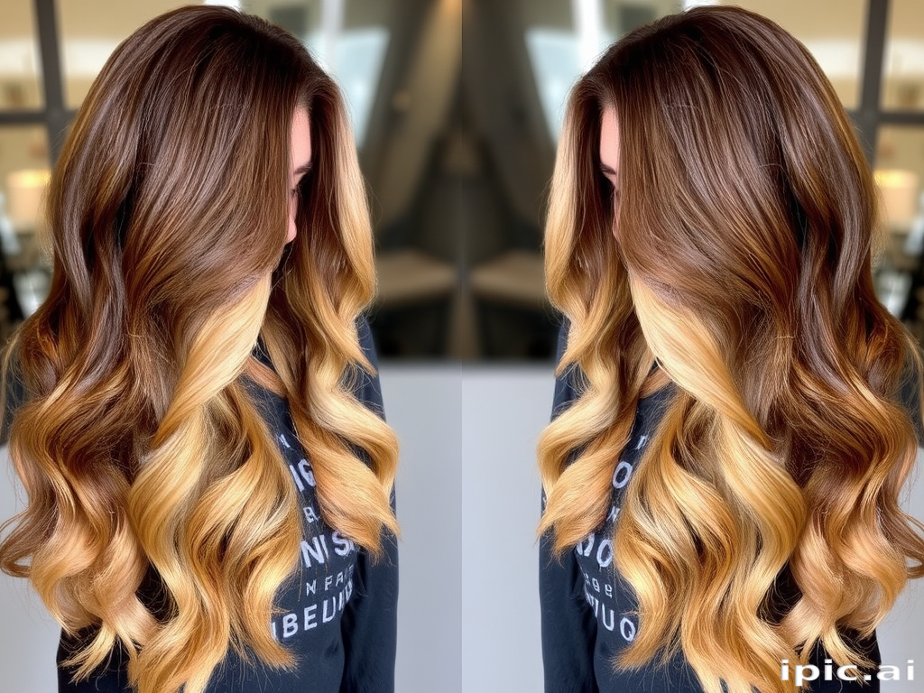 Elegant Balayage Mermaid Waves cascading down to waist-length, seamlessly transitioning from rich chocolate brown roots to sun-kissed golden blonde ends, exuding effortless beachy glamour