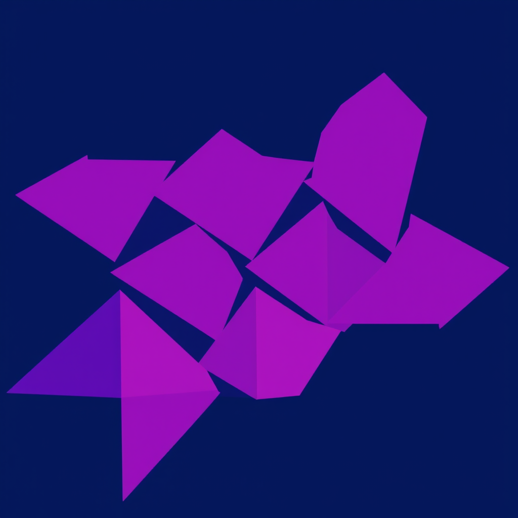 Create a vibrant geometric pattern with purple and pink triangles on a dark blue background, using a DSLR camera with a 50mm lens, f/1.8 aperture, ISO 100, shooting from a high-angle view to enhance clarity and contrast.