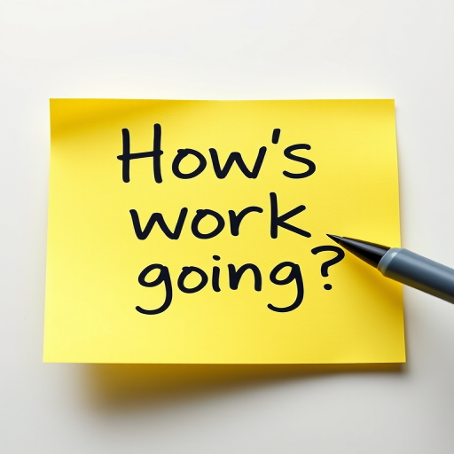 Yellow post-it note, hand written in black pen text "How's work going??", 3d, hd, hyper realistic,