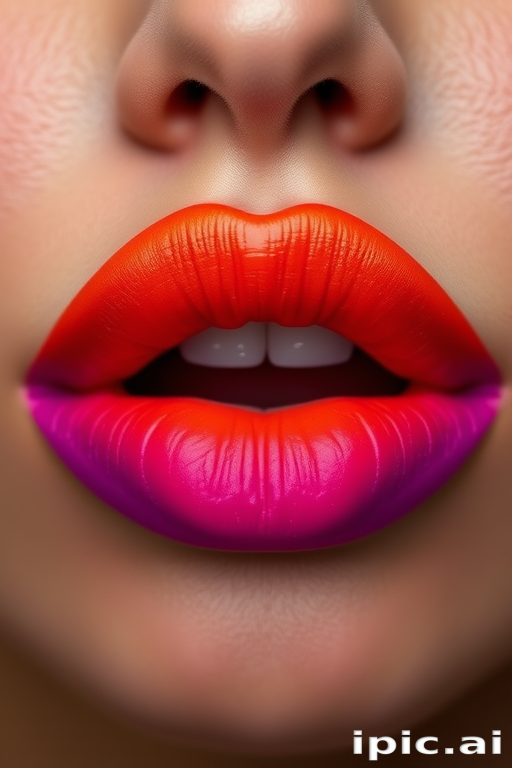 Mesmerizing ombre sunset lips transitioning from deep orange to vibrant purple, showcasing a gradient effect with a matte finish and defined cupid's bow