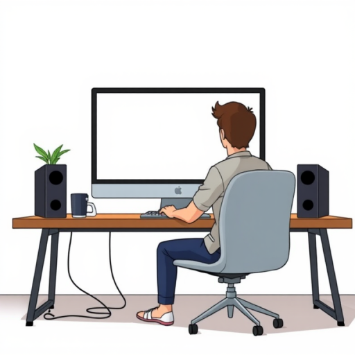 Create a digital illustration of a person sitting at a desk, looking at a blank computer monitor, use a 35mm lens, aperture f/2.8, ISO 100, natural lighting, frontal view, digital art style.