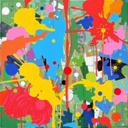 Create an image that features a vibrant, abstract painting with various patterns and color splashes. The painting should be the main focus of the image.