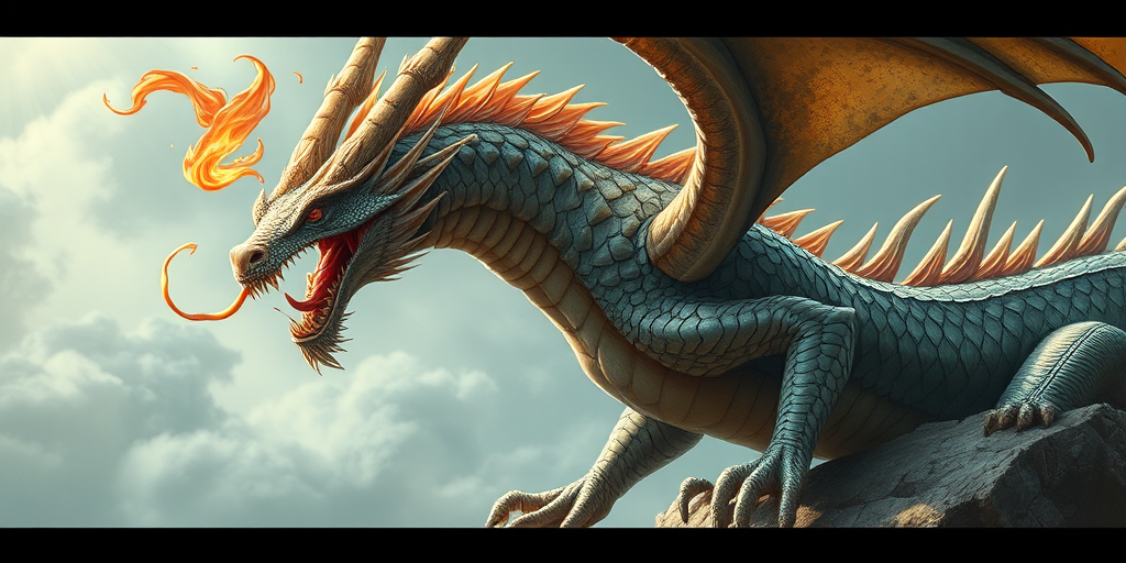 Create a highly detailed illustration of a mythical dragon in a dynamic pose, capturing intricate scales and fiery breath, using a DSLR camera at f/2.8, ISO 100, with a macro lens and natural lighting for enhanced clarity and texture.