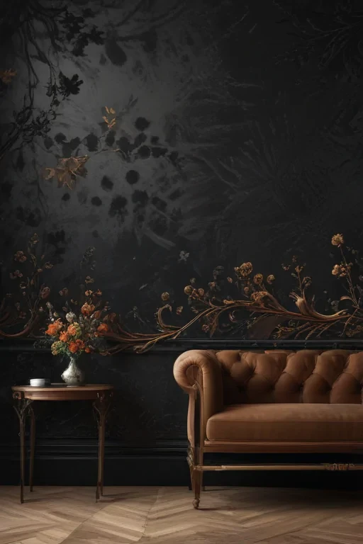 Elegant Vintage Living Room with Dark Floral Wallpaper and Cozy Sofa