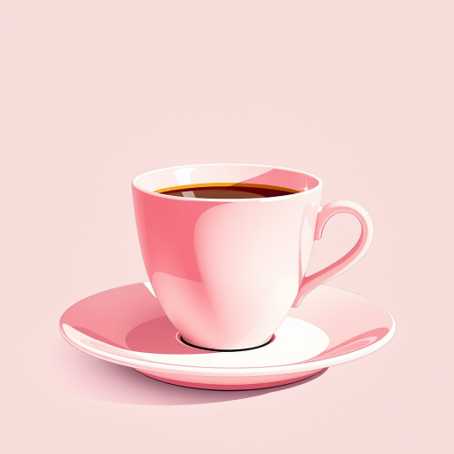 create a high-resolution illustration of a pink coffee cup on a saucer, front view, with soft lighting, 50mm lens, f/2.8 aperture, ISO 100, DSLR camera settings for enhanced clarity and detail