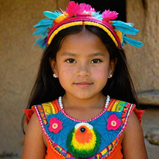A beautiful Maya girl, wearing colorful bird clothing with vibrant colors
