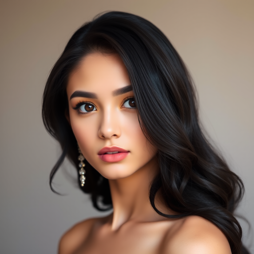 Create an elegant portrait of a young woman with long wavy dark hair and captivating brown eyes wearing subtle makeup and sparkling earrings against a soft gradient background.