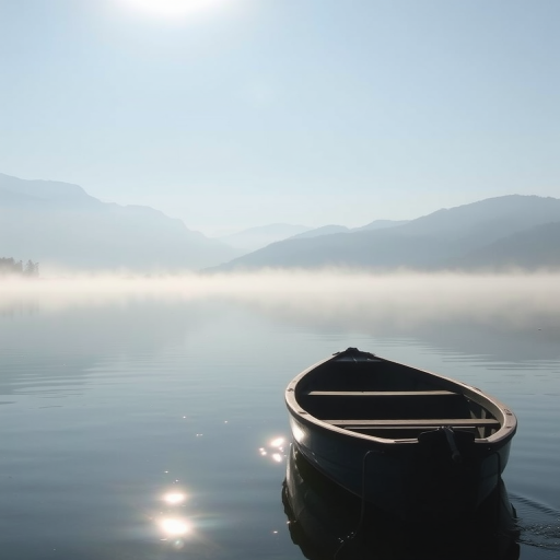 Crisp, early morning photo of a fishing boat on a calm lake, soft mist rising from the water, sunlight glinting off the surface, distant mountains reflected in the lake, the sound of birds chirping and the gentle splash of water from the oars.