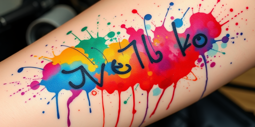 Watercolor splatter tattoo incorporating vibrant bursts of color and dynamic drips, creating an abstract representation of emotions or music through a chaotic yet harmonious blend of hues