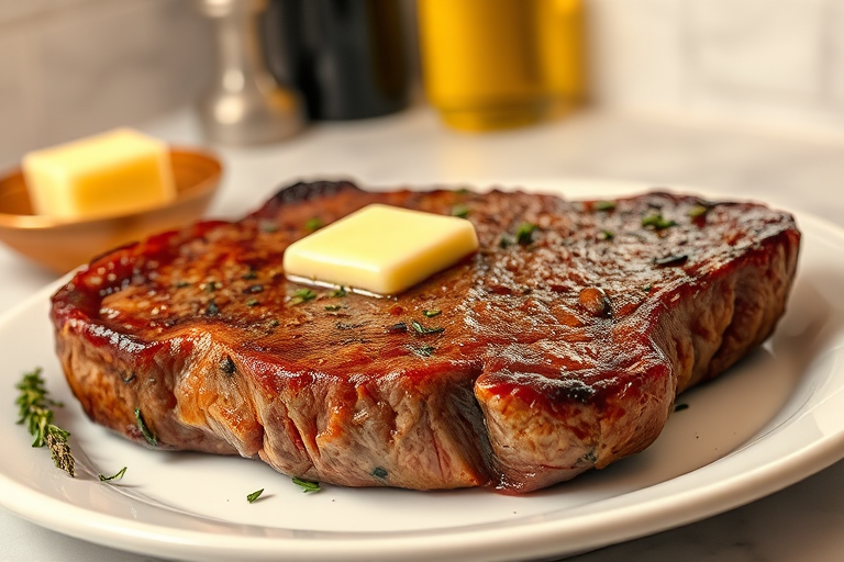 Create an image of a perfectly seared ribeye steak, resting on a white plate with a pat of melting butter on top. The steak is seasoned with fresh herbs like thyme and parsley, with glistening juices highlighting the texture of the meat. The background features a soft focus on a light, marble countertop, with a small dish of butter and an olive oil bottle in the distance. The overall mood should be warm and inviting, capturing the deliciousness and juiciness of the steak.