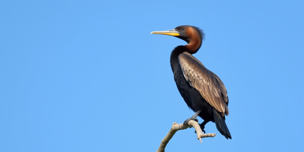 A cormorant perched on a branch against a clear blue sky, captured with a Canon EOS 5D Mark IV, 400mm lens, f/5.6 aperture, ISO 200, 1/1000s shutter speed, shot in natural light from a low angle for enhanced detail and clarity.