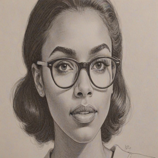 Appealing Marsha Thomason, pencil sketch, portrait of Lovely woman 1957s in glasses, hair style beatnik, outline, clear lines, fine lines, 8k