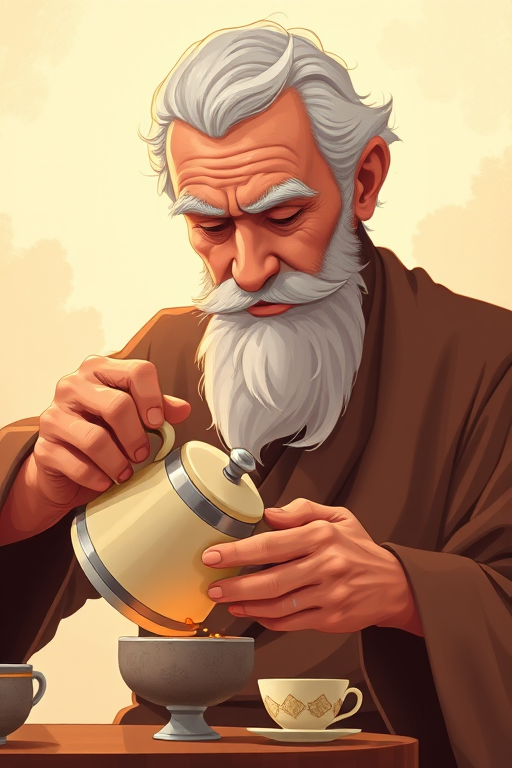 Create an illustration of a wise elderly man pouring tea from a teapot into a cup, with intricate detailing, warm colors, and soft light emanating from behind him, shot with a DSLR camera at f/2.8, ISO 100, 50mm lens, in a slightly angled view to capture both the man and the tea pouring, using a digital art style.