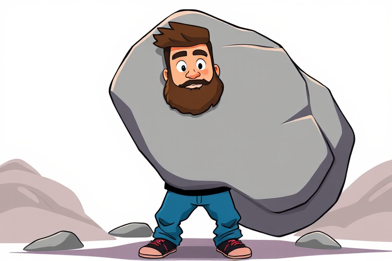 Create a cartoon-style illustration of a character with a beard wearing a black t-shirt and blue jeans, lifting a large gray rock, using a digital art style with a high-resolution setting, 300 DPI, and a focus on vibrant colors and smooth lines, captured from a front view to emphasize the character's expression and the rock's texture.