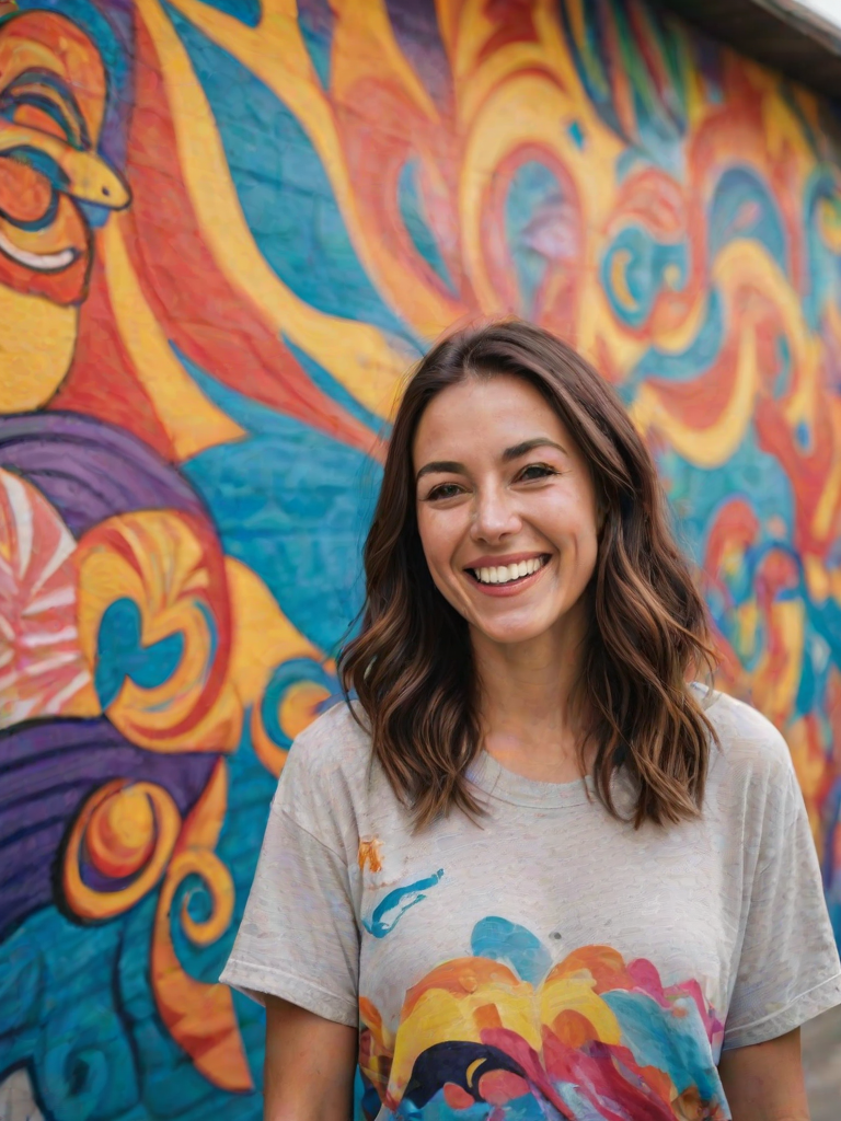 Soft-focus image of a woman with a bright smile standing in front of a colorful mural, wearing a casual outfit, with the vibrant artwork reflecting her lively spirit.