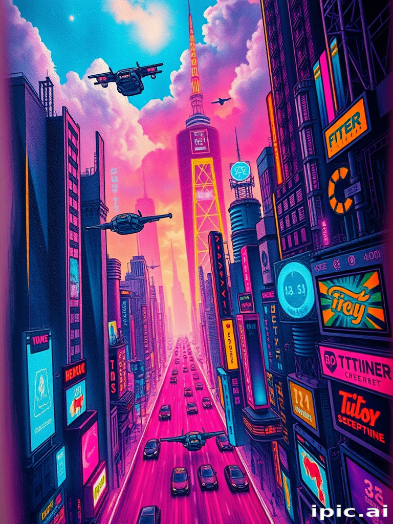 Cyberpunk cityscape tattoo depicting a futuristic metropolis with neon lights, holographic advertisements, and flying vehicles, rendered in a vibrant color palette with glowing effects