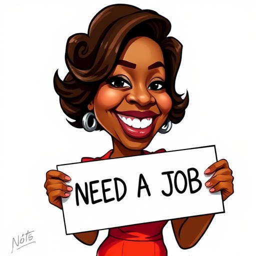 caricature of a smiling Viola Davis in a Carmine dress or suit, holding up a sign that says "NEED A JOB", no watermark,