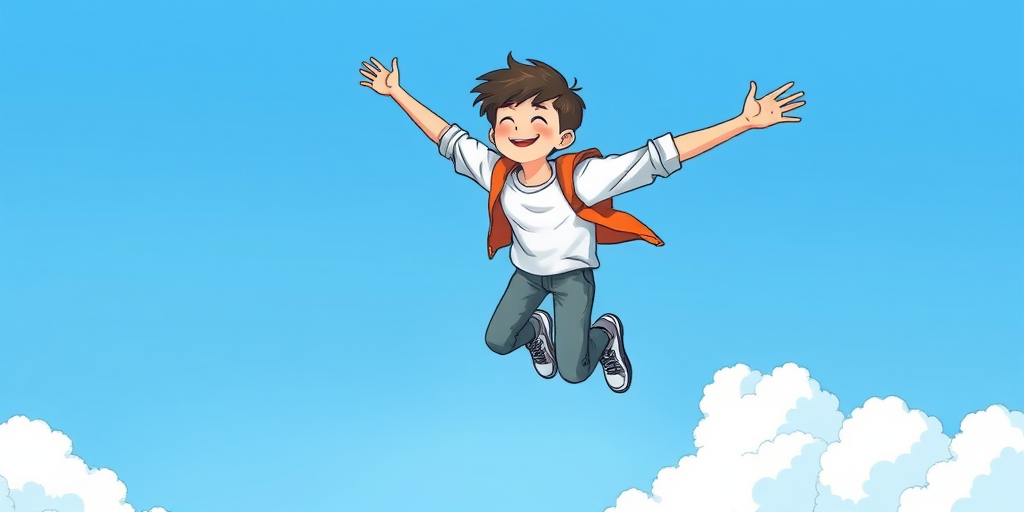 a drawing of a young person flying in a clear blue sky, arms outstretched, wearing casual clothes, with fluffy white clouds below