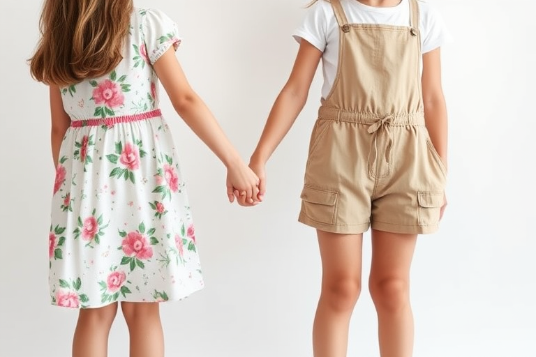 Two girls holding hands, one in a floral dress and the other in a short jumpsuit, standing against a simple white background, soft focus, prime lens, f/2.8, ISO 100, natural light, portrait orientation, digital art style.