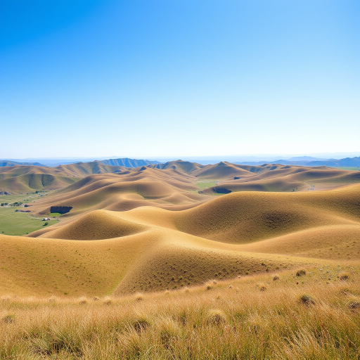 Generate a high-resolution image of a scenic landscape featuring rolling hills under a clear blue sky, captured with a Canon EOS R5 at f/8, ISO 100, 1/200s, using a wide-angle lens with a panoramic view.