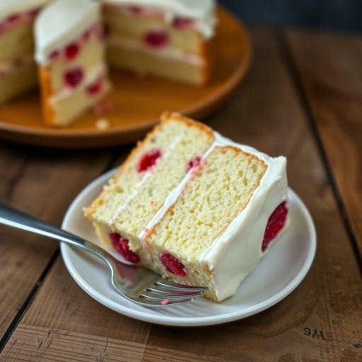 A slice of moist vanilla cake with raspberry filling and creamy white frosting on a rustic wooden table with a fork resting beside it