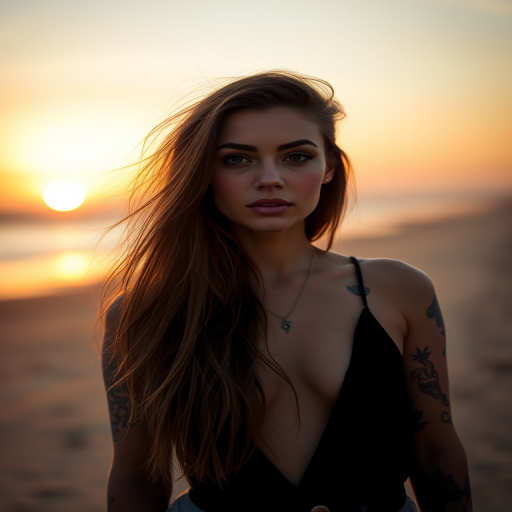 Portrait of a woman with long hair and tattoos, standing on a beach during sunset, soft focus, captured with a Canon EOS R5, 50mm lens, aperture f/1.8, ISO 100, shallow depth of field for a dreamy effect, high resolution for enhanced detail.