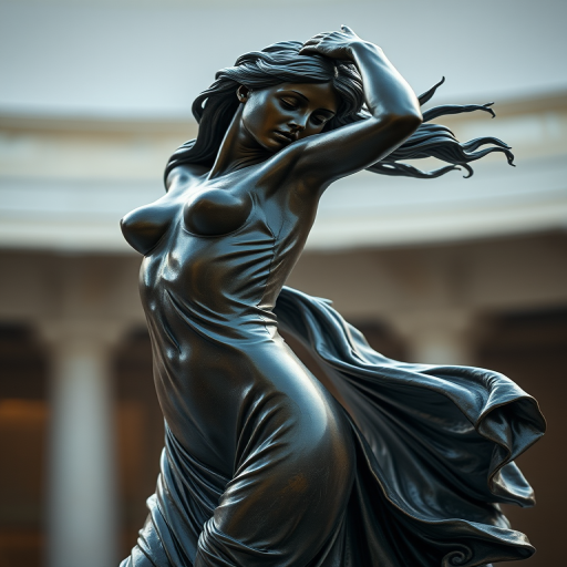 capture a bronze sculpture of a dancing woman with flowing hair and draped fabric in soft lighting with a blurred background, shot with a Canon EOS R5 at f/2.8, ISO 100, 50mm lens, in portrait view to enhance details and textures