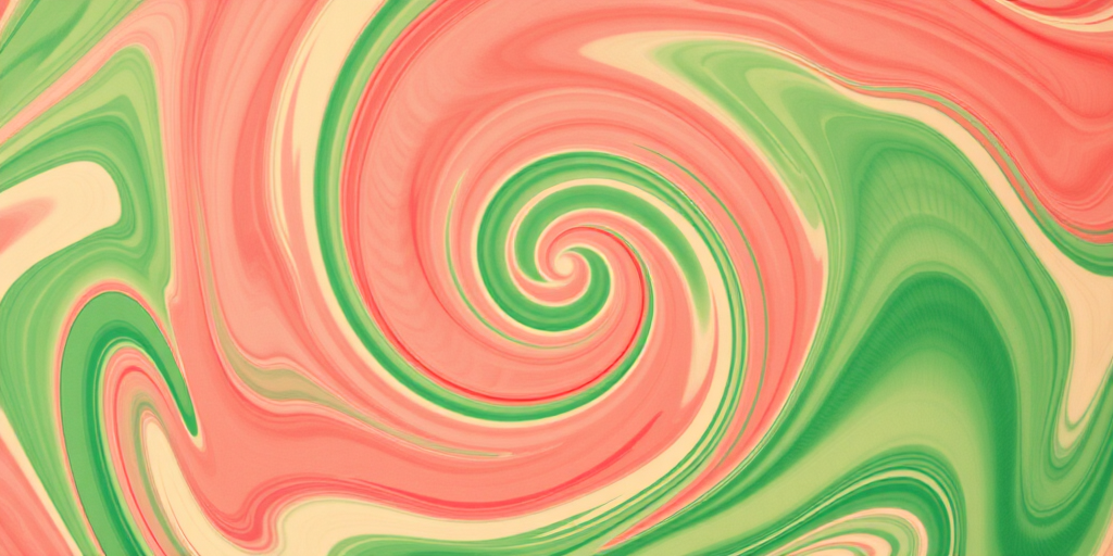 Generate a vibrant abstract swirl pattern with bold colors like coral, green, and cream, using a DSLR camera, f/11 aperture, 1/125 shutter speed, and ISO 200, shot from a top-down angle with a macro lens for enhanced texture detail.