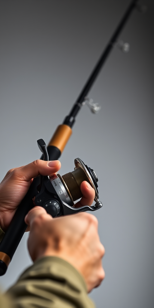 Capture a close-up shot of a fishing rod and reel in use, showing a person's hands gripping the rod, with a shallow depth of field, ISO 100, f/2.8, 1/200s, 50mm lens, soft diffused lighting, and a neutral gray background for enhanced clarity and focus.