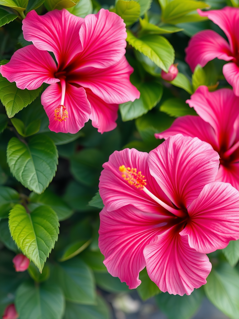 Create a vibrant digital illustration of pink hibiscus flowers with lush green leaves, using a soft focus lens, shot from a slightly elevated angle, with a resolution of 300 DPI and a Canon EOS R5 camera.