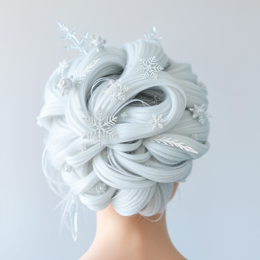 Icy white hair with subtle hints of pale blue, styled in a sculptural avant-garde updo resembling delicate snowflakes and icicles, creating a winter wonderland effect called Frost Monarch
