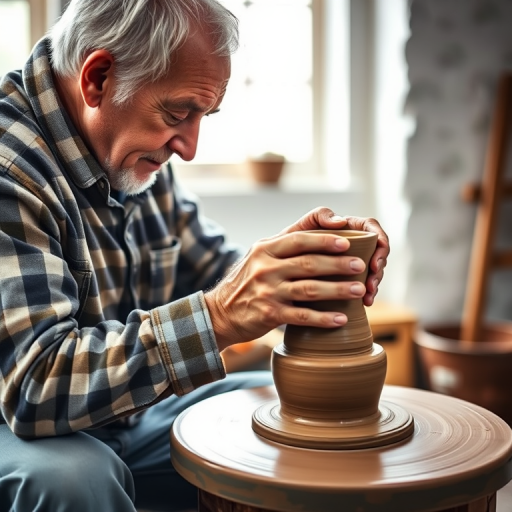elderly man shaping clay pot on pottery wheel in a well-lit studio, close-up shot, soft focus background, natural light, DSLR camera, 50mm lens, f/2.8 aperture, ISO 100, 1/125 sec shutter speed, enhanced color saturation and contrast.