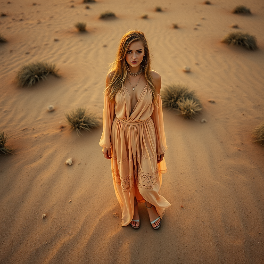 Desert setting, bohemian model, flowy dresses, earthy tones, rustic sunset effect,  equipped with a 12mm lens to capture an overhead view of the model, emphasizing symmetry and spatial positioning