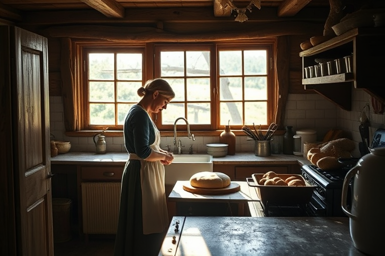 Old farmhouse kitchen, sunlight streaming through the windows, a woman stands at the counter, kneading dough for homemade bread, the scent of baking filling the air.