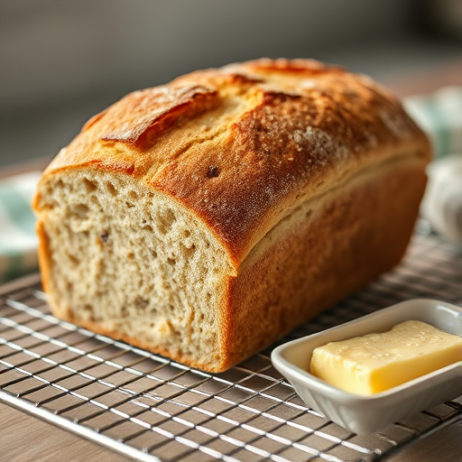 Close-up of a freshly baked loaf of bread cooling on a wire rack, soft natural light highlighting the crust and a butter dish waiting beside it.