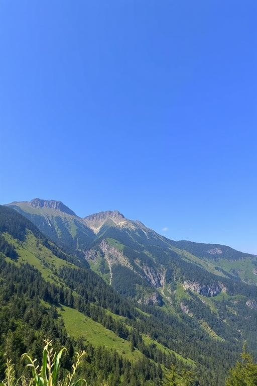 Generate a high-resolution image of a serene mountain landscape with a clear blue sky and lush greenery, using a DSLR camera with a 24mm lens, aperture set to f/8, ISO 100, shutter speed of 1/200s, in natural light, captured from a wide-angle perspective to enhance depth and detail.