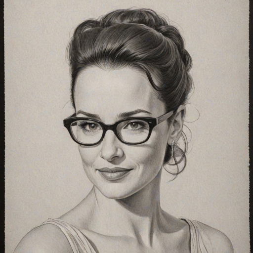 Charming Kristin Davis, pencil sketch, portrait of Wonderful woman 1956s in glasses, hair style beatnik, outline, clear lines, fine lines, 8k