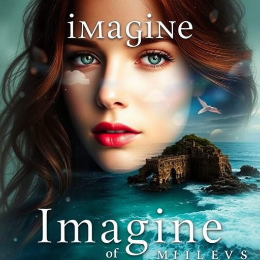 imagine Book cover, A surreal double exposure portrait that blends a woman's face with a beautiful seascape. The overall mood is dreamy and mystical, with rich colors and intricate details