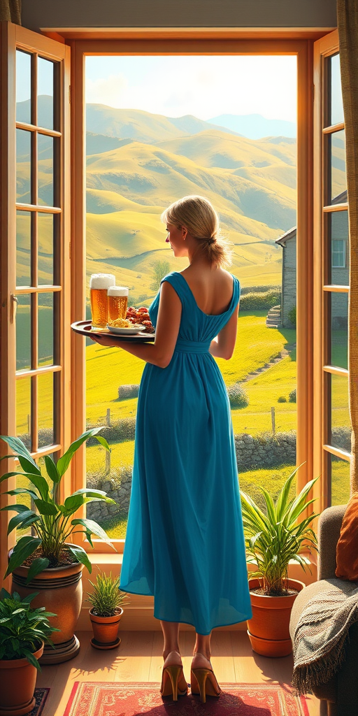 In "A Glass of Beer on the Highland," a serene scene is depicted in a sunlit room where a woman in a vibrant blue dress stands by a large window. She holds a tray with a hearty meal and a frothy glass of beer, embodying a moment of relaxation. Outside, the breathtaking highland landscape features rolling green hills and a charming traditional house, all bathed in warm afternoon light. The interior is adorned with potted plants, creating a harmonious blend of comfort and nature. The painting beautifully captures the tranquility and joy found in simple pleasures amidst stunning scenery