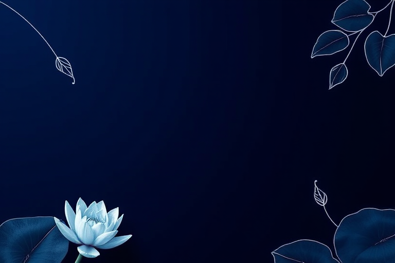 Create a high-resolution image of a dark blue background with white line-drawn water lilies and leaves at the corners, shot with a Canon EOS R5 at f/4, 1/125s, ISO 100, using a macro lens for intricate detail.