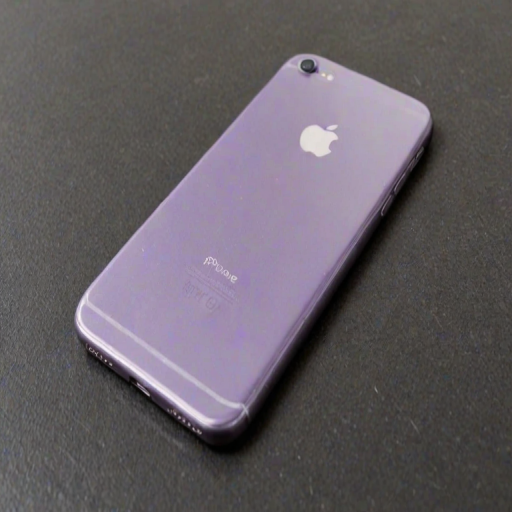 The image is a high-resolution photograph of an Apple iPhone, showing the Apple logo centered at the back. The phone's screen is cracked; the crack starts from the top left corner and extends diagonally towards the bottom right, and the back panel is slightly curved, giving it a sleek and modern look., glossy lavender color, textured surface. The phone is a modern, specifically a model with a glossy, likely a couch or a similar piece of furniture. The iPhone's body is a vibrant