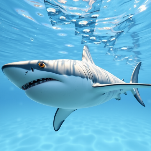 Render a high-resolution image of a great white shark in clear ocean water, using a DSLR camera with a 50mm lens, aperture set to f/8, ISO 200, and a shutter speed of 1/250s, shot from a side view to capture detailed features and textures.