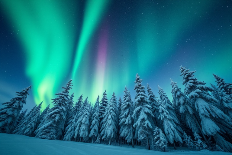 Capture the northern lights above a snowy forest with a Canon EOS R5, 24mm f/1.4 lens, ISO 800, f/2.8, 15 seconds exposure, wide-angle view, vibrant colors, high dynamic range, and enhanced sharpness.