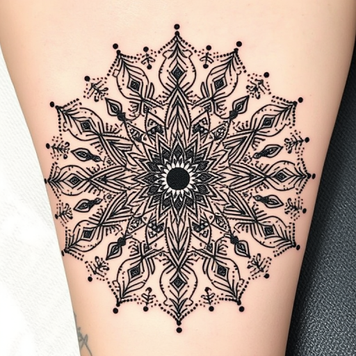 Dotwork mandala tattoo named "Cosmic Convergence" featuring intricate geometric patterns radiating from a central point, with gradual transitions from fine dots to solid blackwork