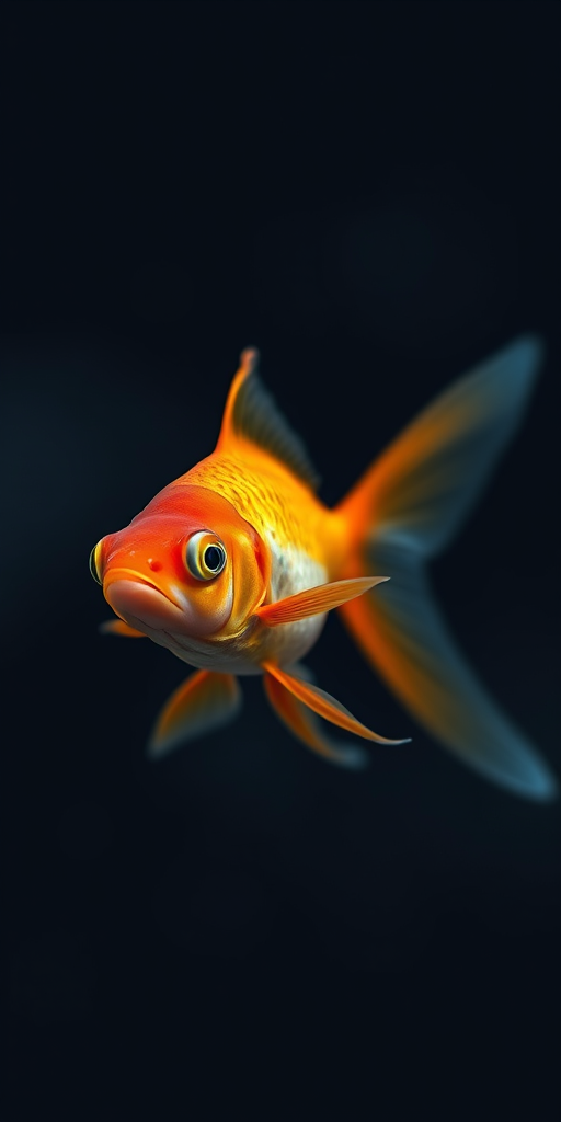 A close-up shot of a vibrant goldfish swimming gracefully in dark water, captured with a Canon EOS R5, 100mm f/2.8 macro lens, 1/200 sec exposure, f/5.6 aperture, ISO 200, using a soft focus technique to enhance details and textures against a blurred background.